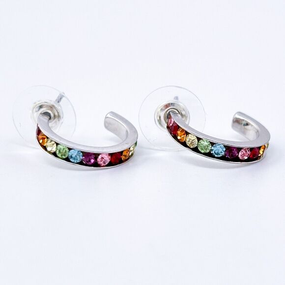Vintage ATI Taiwan Sterling Silver 925 Rainbow CZ Hoop Earrings - Picture 6 of 8